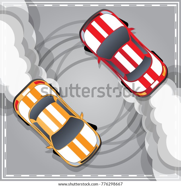 Cars in a controlled drift. View from\
above. Vector\
illustration.