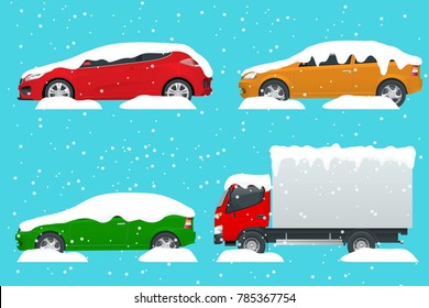 Cars covered in snow on a road during snowfall. Snow storm. Lots of cars. Cold spell concept