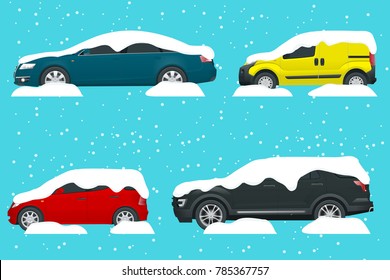 Cars covered in snow on a road during snowfall. Snow storm. Lots of cars. Cold spell concept