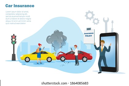 Cars crashed on the street, drivers calling for insurance broker agent  holding insurance policy. Car accident, travel and car insurance concept.