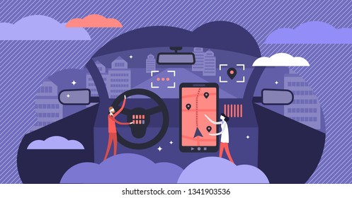 Cars cross platform vector illustration. Flat tiny devices person concept. Application connection from car to various wireless environment gadgets. Travel to destination using smartphone map locations