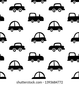 Cars cute seamless pattern. Black and white print for kids. Toys vector hand drawn illustration