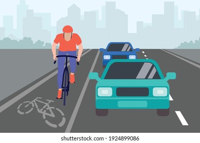 Cars and cyclist on the bike path. A man in a helmet and sportswear rides a bicycle on the road with cars. Highway. Traffic rules. Front view of an asphalt city road. Flat vector illustration.