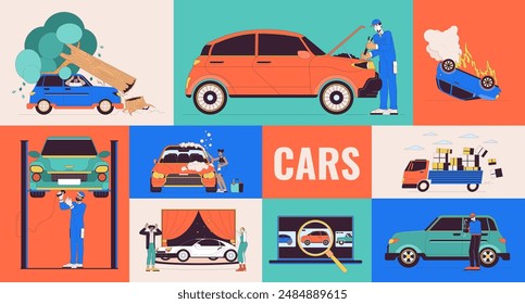 Cars in daily life bento grid illustration set. Drivers, mechanics 2D vector image collage design graphics collection. Multicultural people with vehicles automobiles flat characters moodboard layout