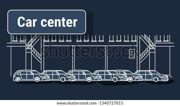 cars dealership center showroom building\
interior with exhibition of new modern vehicles sketch doodle\
horizontal banner dark\
background