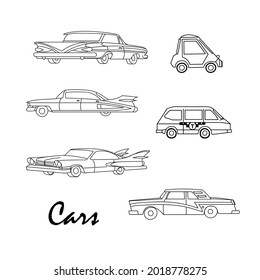 Cars, design examples, vector drawing. Automotive, passenger transport. Line drawing on a white background.