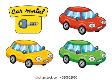 Cars in different colors and a rental emblem with key.