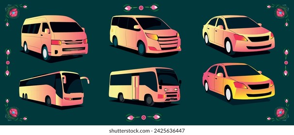 Cars of different types of illustrations set side view of the bus, sedan, minibus, micro, mini micro