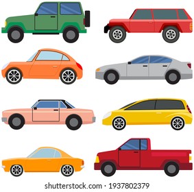 Cars of different types without drivers. Set of modes of transport and shapes vector illustration