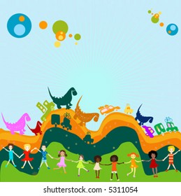 cars, dinosaurs and children; Group of kids playing in a landscape