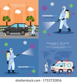 cars disinfection service, prevention coronavirus covid 19, clean surfaces in car with a disinfectant spray, persons with biohazard suit vector illustration design