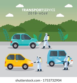 cars disinfection service, prevention coronavirus covid 19, clean surfaces in car with a disinfectant spray, persons with biohazard suit vector illustration design