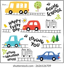 cars doodle cartoon Can be used for nursery room, textile, wallpaper, packaging, clothing