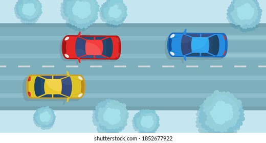 Cars drive along a snowy road in winter, top view. Dangerous slippery road, ice. Vector illustration, flat design.