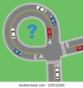 Cars drive around to find travel information on two lane traffic circle