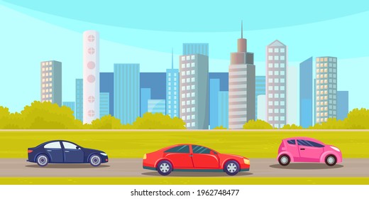 Cars drive on an asphalt road against background of tall buildings of city landscape. Urban road and street vehicle summertime flat vector illustration. Automobile transport in metropolis, traffic