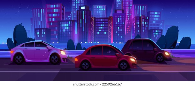 Los coches conducen por la calle de la ciudad por la noche. Tráfico por carretera con vistas a los edificios de la ciudad con luz de neón, rascacielos y estrellas en el cielo. Cityscape con vehículos en carretera, ilustración de caricatura vectorial