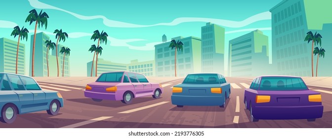 Cars drive on road on city street with sidewalk, buildings and palm trees. Vector cartoon illustration of urban traffic, cityscape with vehicles on crossroad with pedestrian crosswalk