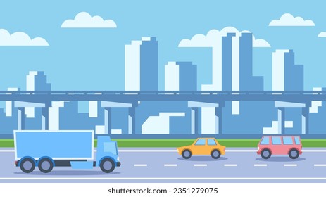 Cars drive on the road to the modern city and bridge background. Horizontal simple flat illustration of cityscape.