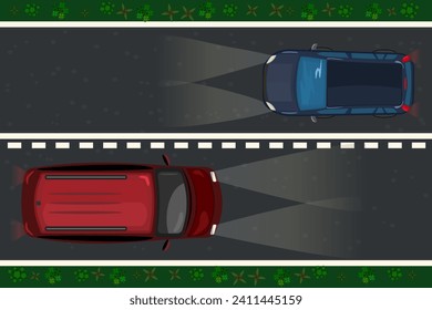 Cars drive on road at night. Automobile ride on dark nighttime street. Vehicle driving on highway at dusk. Motor top view moving at evening on roadway. Stock vector illustration