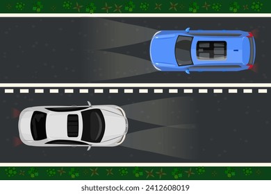 Cars drive on road at night. Automobile ride on dark nighttime street. Vehicle driving on highway at dusk. Motor top view moving at evening on roadway. Stock vector illustration