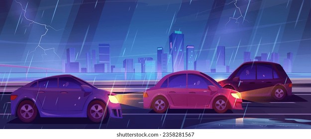 Cars drive in rain with wind, lightning and thunderstorm on asphalt road with puddles against night lights of skyscrapers in city. Cartoon vector landscape - automobile traffic in town in bad weather.