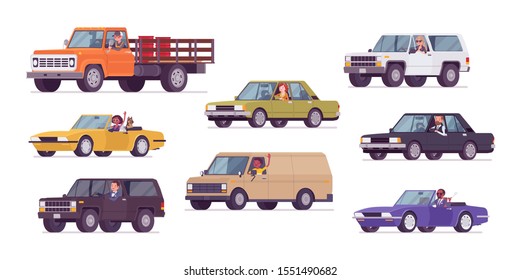 Cars and drivers set, business transportation, urban trip. Male, female persons driving different vehicles, city transport, automobile service, renting or work. Vector flat style cartoon illustration