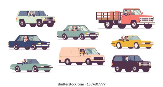 Cars and drivers set, business transportation, urban trip. Male, female persons driving different vehicles, city transport, automobile service, renting or work. Vector flat style cartoon illustration