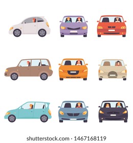 Cars with Drivers Set, Side and Front View Vector Illustration