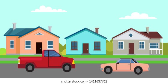 Cars driving along streets of city vector, town with buildings and private houses, greenery and meadows clear sky and fair weather transport tourism