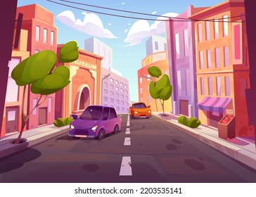 Cars driving at city road on cityscape background with buildings, trees, market stall, museum and walkway. Automobiles riding megalopolis asphalted highway at day time, Cartoon vector illustration