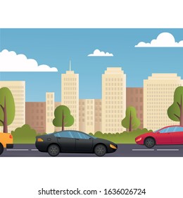 Cars Driving City Street Panorama Urban Road Flat Vector Illustration. City street exterior. American city with court, Sustainable traffic on the road. eps10