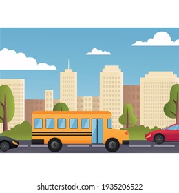 Cars Driving City Street Panorama Urban Road Flat Vector. Car traffic jam vector Illustration