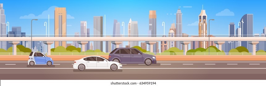 Cars Driving City Street Panorama Urban Road Flat Vector Illustration