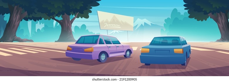 Cars driving at highway rear view, automobiles riding along asphalted road with trees by sides and mountain landscape under blue sky at sunny day, travel to national park, Cartoon vector