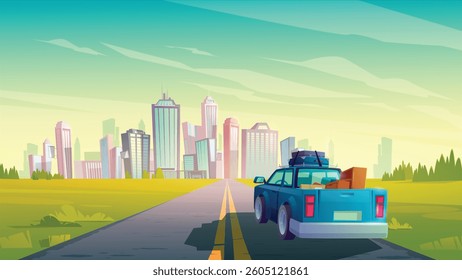 Cars driving highway towards modern city. Vector cartoon illustration of morning traffic on urban road perspective, office and housing skyscraper buildings, cityscape