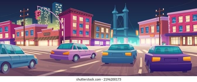 Cars driving night city street, cartoon illustration. Vector design of autos riding road in illuminated megalopolis with buildings, skyscrapers and bridge against dark sky background. Urban traffic