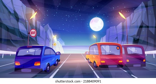 Cars Driving At Night Highway Rear View, Automobiles Riding In Mountain Road With Fencing, Signs, Ocean View And Full Moon In Dark Starry Sky. Vehicles At Asphalted Freeway Cartoon Vector Illustration