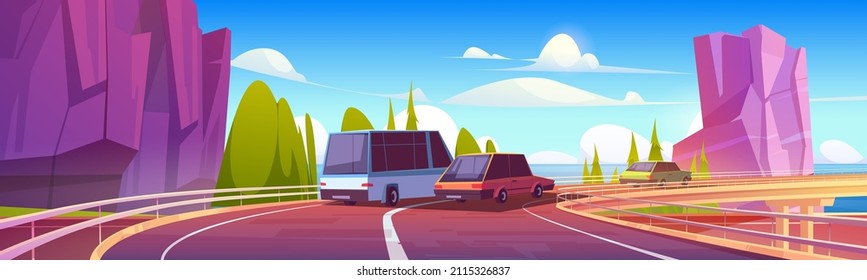 Cars driving on overpass road on sea shore. Vector cartoon summer landscape of ocean coast with mountains, green trees and highway bridge with metal crash barrier, bus and auto