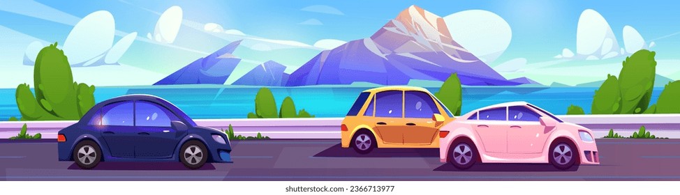 Cars driving on road along river or sea with mountains in horizon. Cartoon vector landscape with rocky hills, water pond and highway with automobiles. Skyline with three vehicles riding on roadway.