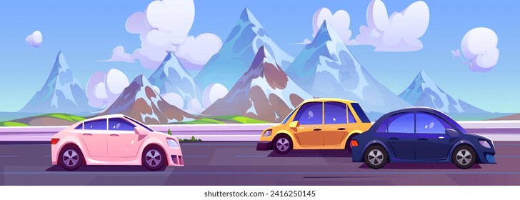 Cars driving on road with mountains in horizon. Cartoon vector landscape with highway with automobiles travelling by asphalt highway near rocky hills. Skyline with three vehicles riding on roadway.