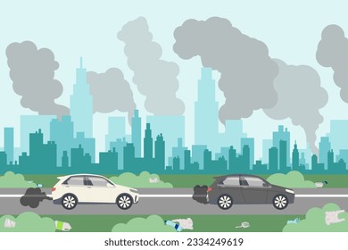 Cars driving in polluted city vector illustration. Smog in air, transport emissions and plastic waste on ground harming environment. Poor ecology, air pollution concept