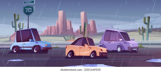 Cars driving in rain on highway in desert among rocky mountains and cactus. Cartoon vector illustration of automobiles travel on country road in bad rainy weather on asphalt path with puddles.