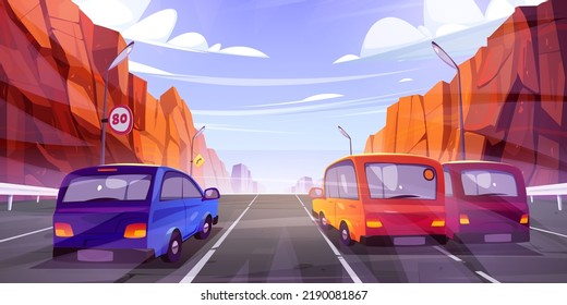 Cars Driving Road With Cartoon Rocky Mountain Landscape. Vector Illustration Of Many Autos Riding Modern High Speed Highway With Traffic Signs And Light Poles. Holiday Travel On Summer Vacation