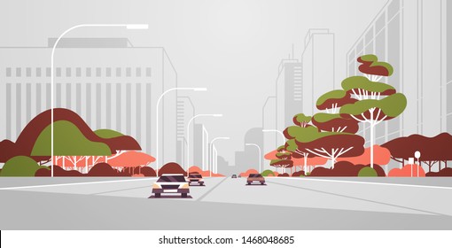 cars driving road modern city panorama with street lamps skyscrapers urban cityscape background flat horizontal banner