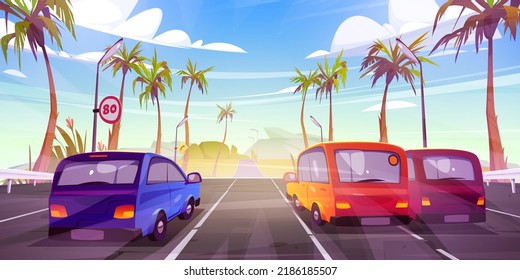 Cars driving road with palms and sunny tropical landscape. Cartoon vector illustration of four lane speed highway, autos riding straight under blue sky, traffic signs on light poles. Vacation travel