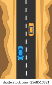 Cars Driving through a Desert Road Top View. Traffic on the highway, transportation means and traveling concept vector art