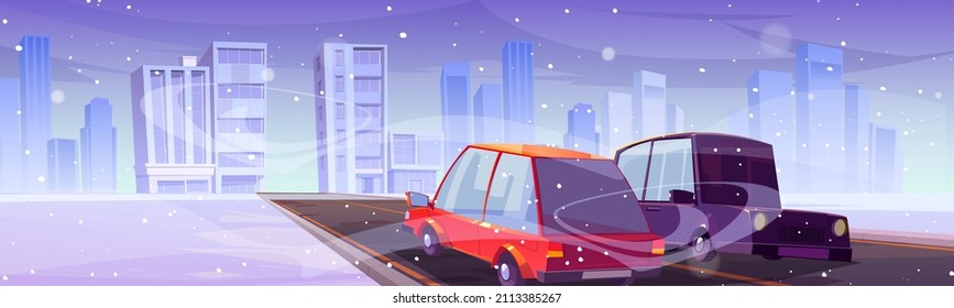 Cars driving at winter city road with falling snow and modern town skyline. Traffic on highway at wintertime season. Urban landscape with vehicles at megalopolis background Cartoon vector illustration