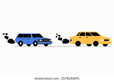 Cars Emitting Exhaust Fumes In Flat Vector Illustration Symbolizing Vehicle Pollution, Air Contamination, And Environmental Impact, Isolated On White Background.