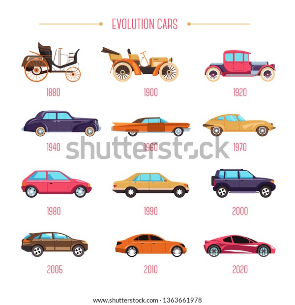 Cars evolution retro vehicles and modern\
transport isolated models vector transportation automobile industry\
history motorcar development classic and sport types mechanic and\
automotive control